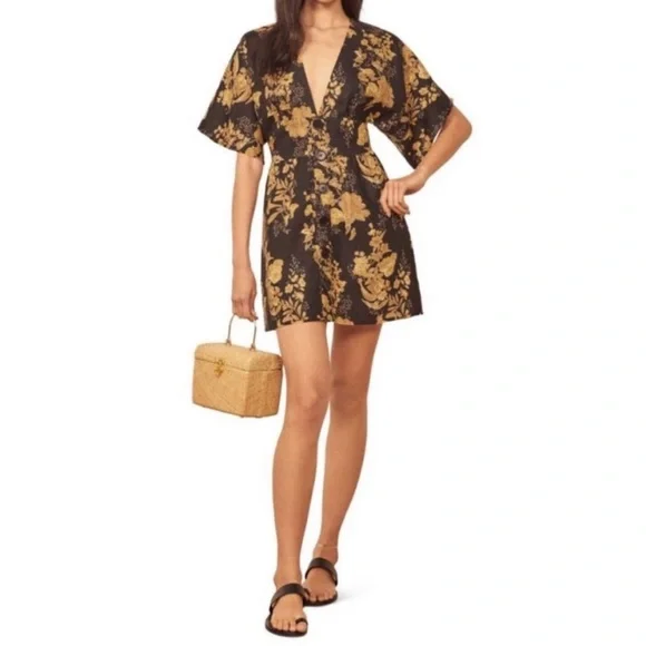 NWOT Reformation Ty Plunge V‎ Neck Kimono Sleeve Floral Linen Mini - Size 2 - Picture 8 of 11